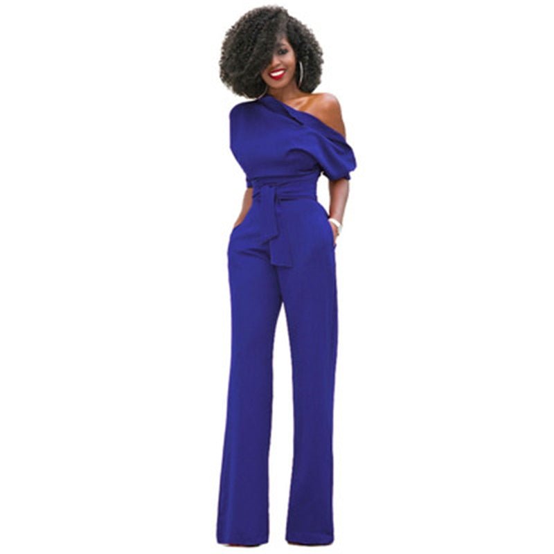 Women's One-Shoulder Wide Leg Jumpsuit | with Waist Belt