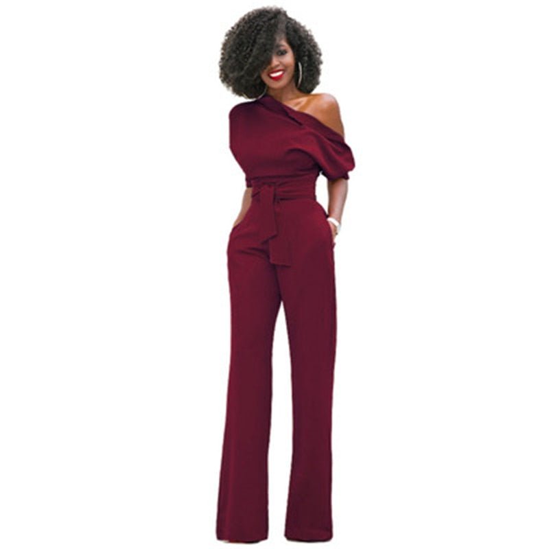Women's One-Shoulder Wide Leg Jumpsuit | with Waist Belt