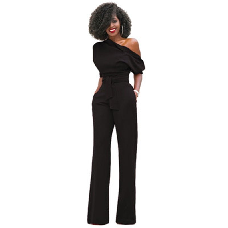 Women's One-Shoulder Wide Leg Jumpsuit | with Waist Belt